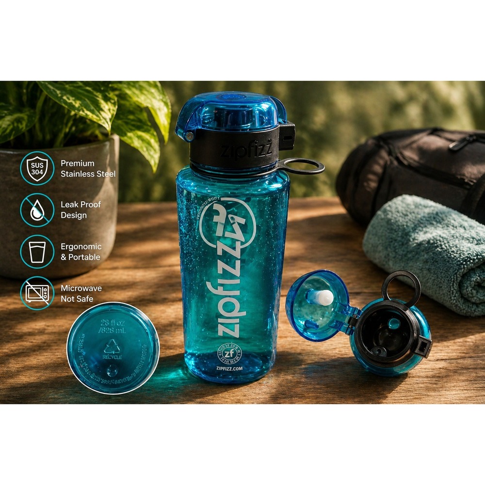 Zipfizz h2go Water Bottle 28oz Teal Blue BPA Free B12 Energy Hydration Flip Top